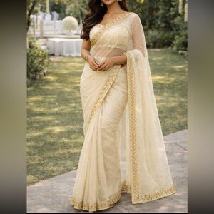 Brand new Designer Indian Pakistani Cream and Gold Embellished Saree blouse set